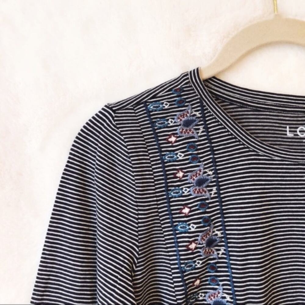 LOFT Striped Embroidered Long Bell Sleeve Top - Picture 7 of 8